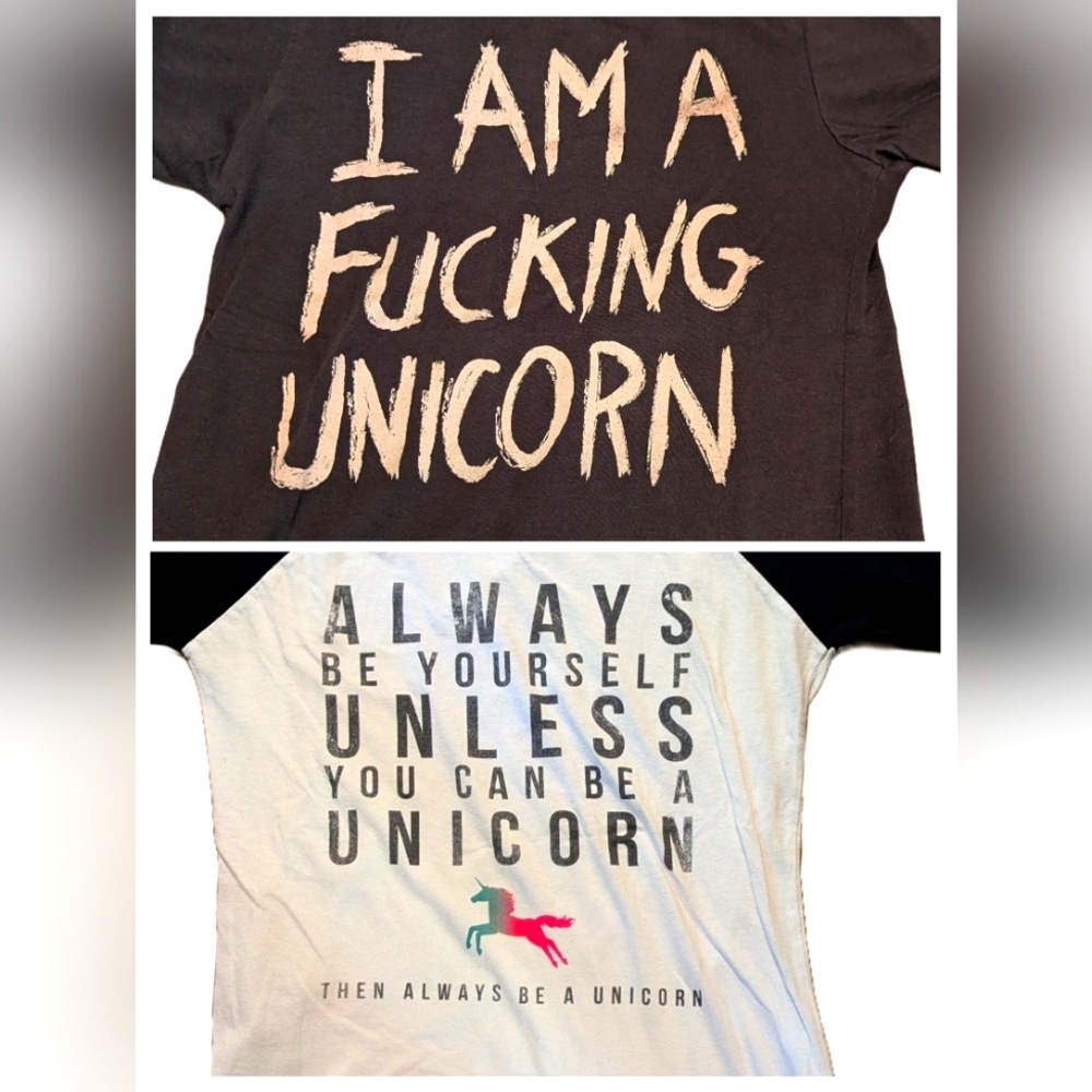 DUO LOT of D-Tox Women's Unicorn Tshirt & 3/4 Ringer Small & Medium retro 2013